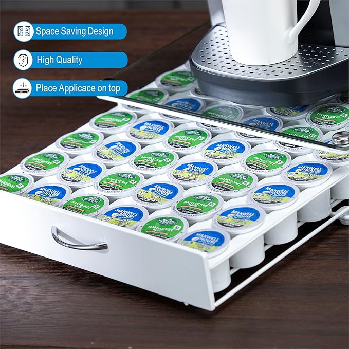 K Cup Pod Holde Glass Top Drawer,Coffee Pod Holder Capsule Display Storage compatibility 42 k-cup(white)