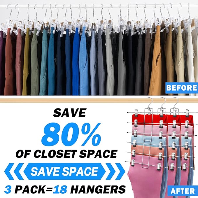 4 Pack Closet-Organizers-and-Storage, Metal Closet-Organizer-Pants-Hangers-Space-Saving, 6 Tier Organization and Storage Short Skirt Hangers Clip, Dorm Room Essentials for College Students Girls Boys