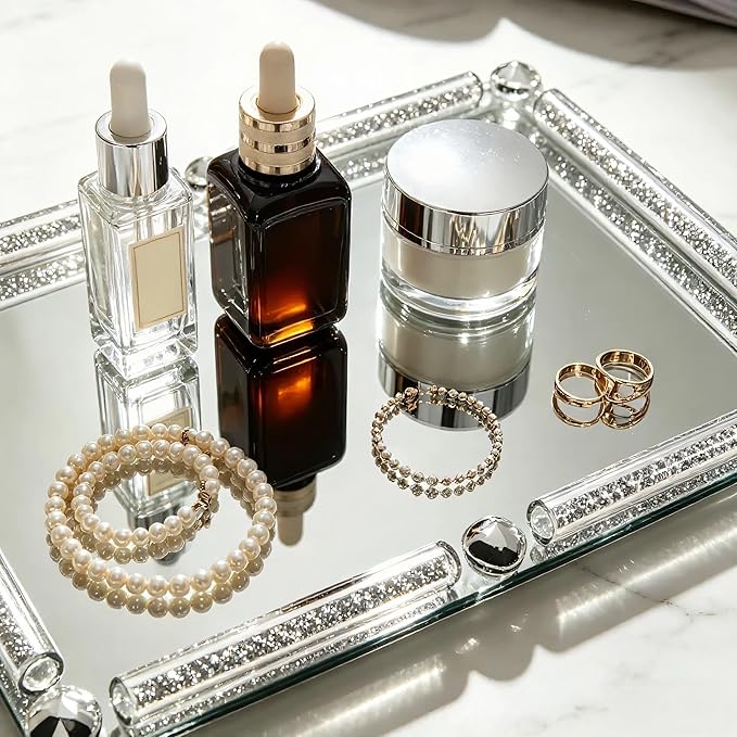 Crystal Glass Tray, 11.8" x 7.9" Crushed Diamond Silver Mirror Perfume Makeup Display Tray, Noble Jewelry Trinket Vanity Trays, Ornate Rectangular Cosmetics Dresser Decoration for Home Decor