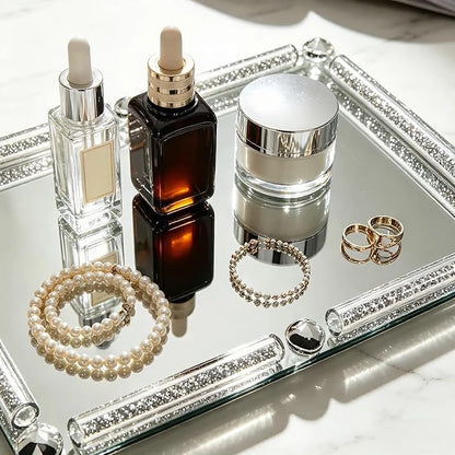 Crystal Glass Tray, 11.8" x 7.9" Crushed Diamond Silver Mirror Perfume Makeup Display Tray, Noble Jewelry Trinket Vanity Trays, Ornate Rectangular Cosmetics Dresser Decoration for Home Decor