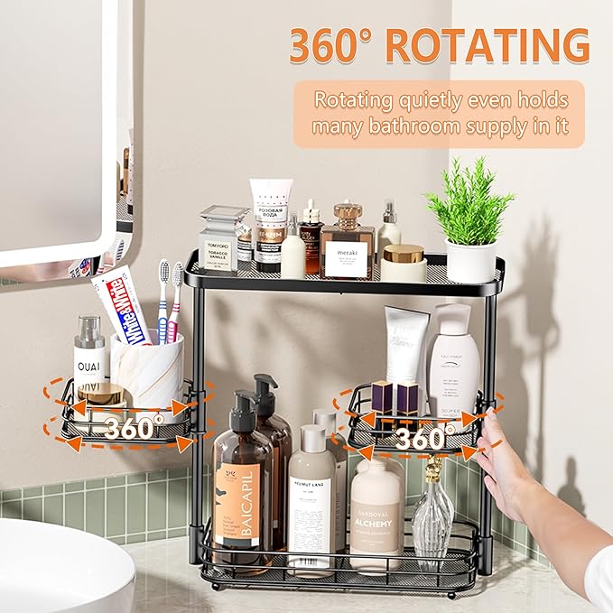 VITVITI 3 Tier Countertop Organizer, Metal Wire Vanity Organizer Storage, Mesh Sink Shelf Rack with 360 Rotating Basket, Black