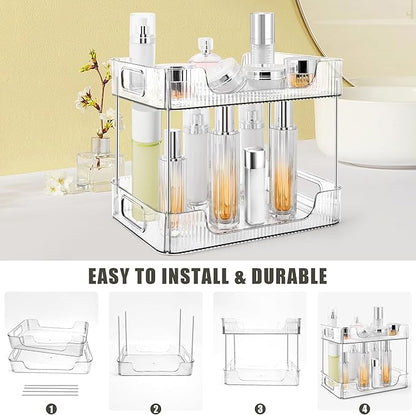 2-Tier Bathroom Counter Organizer Countertop Storage, Dresser Organizer Vanity Tray for Makeup, Perfume Organizer Cosmetics Skincare Shelf- Clear
