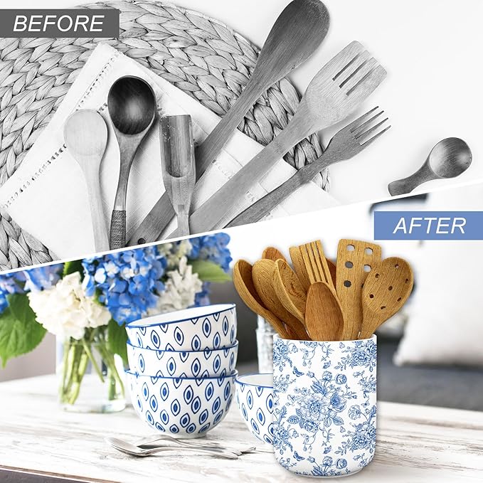JarThenaAMCS Patriotic Ceramic Utensil Holder 4th of July Blue Chinoiserie Floral Flower Butterfly Utensil Crock for 250th Anniversary Home Kitchen Countertop Storage Organizer Container