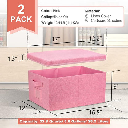 Graciadeco 22.8qt Closet Storage Boxes with Lids Pink Folding Keepsake Storage Bins Stackable Flat Lidded Carboard Storage Contaner for Clothes Barbie Shoes, 2 Pack