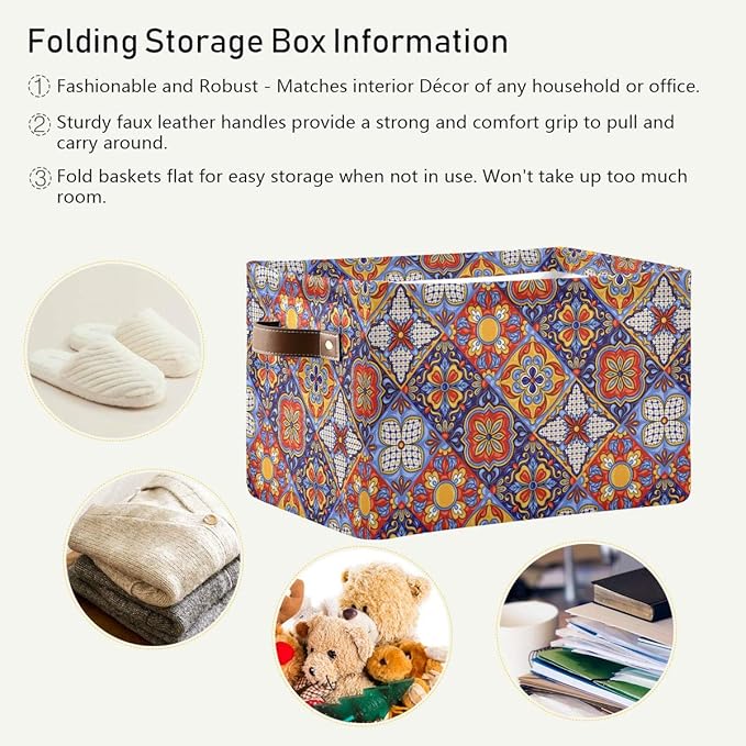 Foldable Storage Baskets Set of 2, Mexican Ceramic Tile Pattern Storage Bins with Handles, Decorative Cloth Organizer Storage Boxes for Home|Office 15 x 11 x 9.5 in
