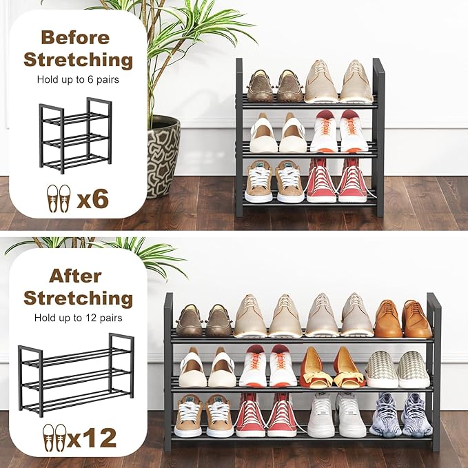 Roylvan 3-Tire Expandable Shoe Rack for Closet, 17"-31" Adjustable Free Standing Shoe Shelf Storage Fits 6-12 Pairs Shoes, Heavy Duty Reinforced Metal Shoes Organizer for Entryway Doorway Dorm