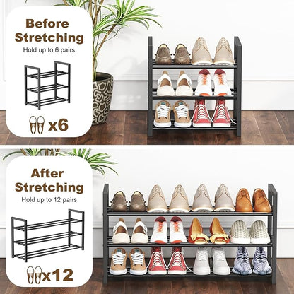 Roylvan 3-Tire Expandable Shoe Rack for Closet, 17"-31" Adjustable Free Standing Shoe Shelf Storage Fits 6-12 Pairs Shoes, Heavy Duty Reinforced Metal Shoes Organizer for Entryway Doorway Dorm