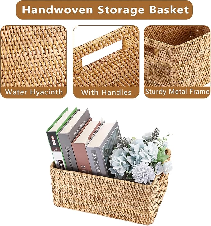 Hipiwe Handwoven Rattan Basket Wicker Storage Basket Box with Build-in Handles Natural Open Storage Bin for Shelf Bathroom Living Room Kitchen, 13" x 8.7" x 5.9"