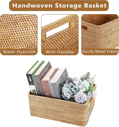 Hipiwe Handwoven Rattan Basket Wicker Storage Basket Box with Build-in Handles Natural Open Storage Bin for Shelf Bathroom Living Room Kitchen, 13" x 8.7" x 5.9"