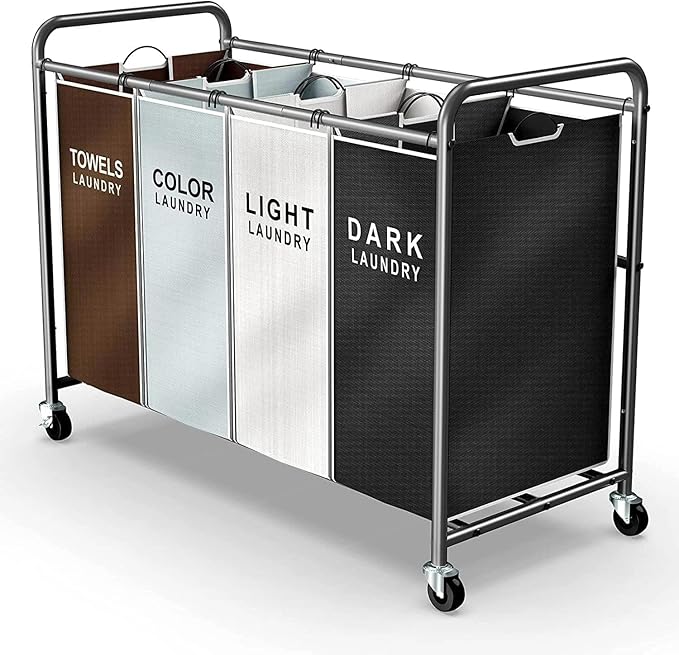 ROMOON Laundry Hamper Sorter Cart: 4-Section Organizer with Heavy-Duty Lockable Wheels and Removable Bags | 180L Rolling Laundry Basket for Dirty Clothes in Laundry Room or Small Spaces (Multicolor)