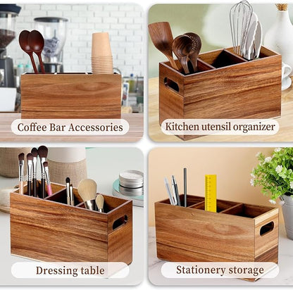 Wooden Utensil Holder, 3 Compartment Spatula Holder Natural Acacia Wood Silverware Organizer Large Boho Rustic Cooking Tool Caddy for Farmhouse Kitchen Counter Decor and Storage Spoons
