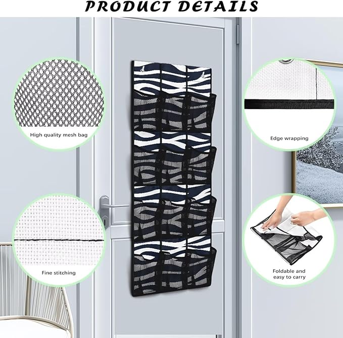 Zebra Print Over The Door Hanging Storage Pockets Space Saving Door Storage Organizer with 12 Breathable Pockets for Bedroom Bathroom
