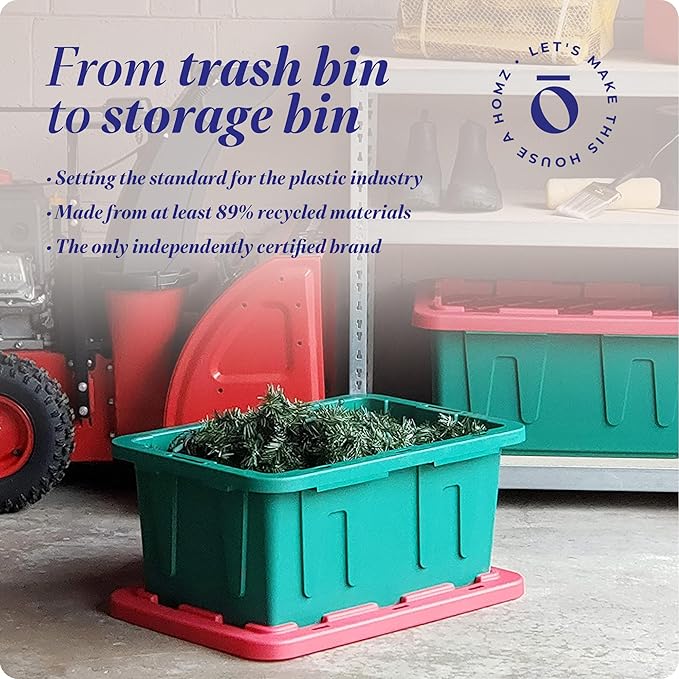 HOMZ 4-Pack Durabilt Tote, Heavy Duty Plastic Storage Bins with Lids, 15 Gallon, Green/Red - Stackable Organizing Containers for Home, Garage, and Office