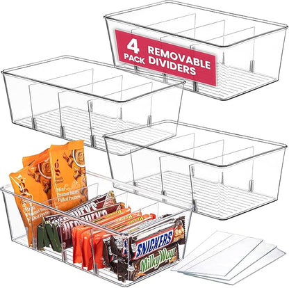 Oizeir Clear Pantry Organizer Bins 4-Pack - Fridge Organizer with 3 Removable Dividers - Kitchen Pantry Organizers & Storage - Storage Cabinet Snack