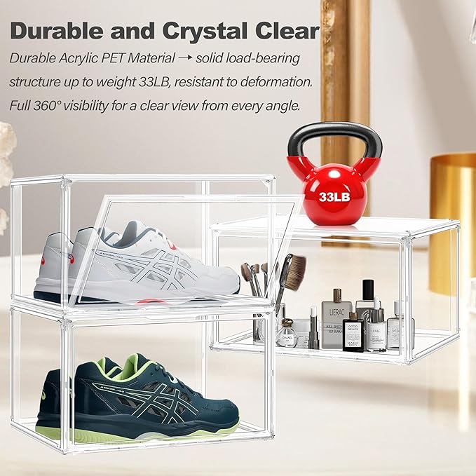 12 Pack Clear Acrylic Shoe Boxes Organizer, Extra-Thick Reinforced Stackable Shoe Storage with Magnetic Door, Dust-Proof Display Cases for Closet & Entryway, Fits up to Men’s 12, Crystal Clear