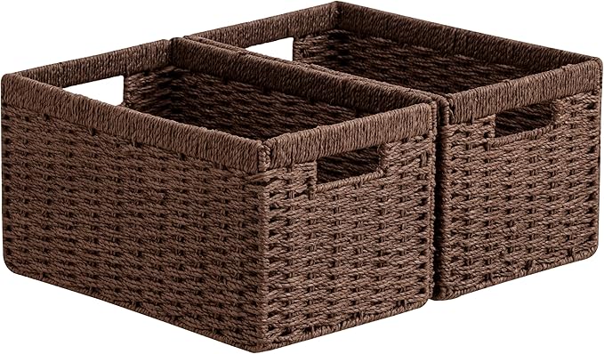 joybest Wicker Storage Baskets, 2pack Hand-Woven Paper Rope Wicker Baskets for Organizing, Foldable Rectangular Storage Organizer Bins for Shelves with Built-in Handles 13.4L x 8.3W x 7.1H, Dark Brown