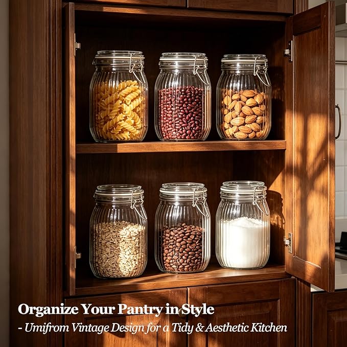 ComSaf 34oz Ribbed Glass Jars with Airtight Latch Lids - Set of 3 Farmhouse Vintage Canisters for Coffee, Sourdough Starter, Dry Goods & Fermenting, Pantry Organization & Kitchen Decor