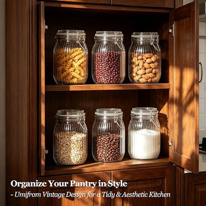 ComSaf 34oz Ribbed Glass Jars with Airtight Latch Lids - Set of 3 Farmhouse Vintage Canisters for Coffee, Sourdough Starter, Dry Goods & Fermenting, Pantry Organization & Kitchen Decor