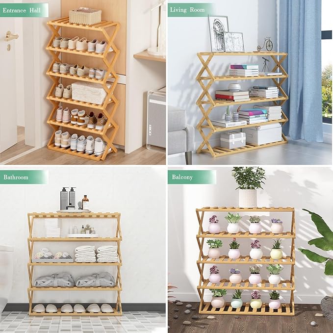 6 Tier Bamboo Shoe Rack,Portable Folding Shoe Storage Rack,Without Installation Small Shoe Rack Perfect for Corridors, Bedrooms and Small Spaces (6 Tier)