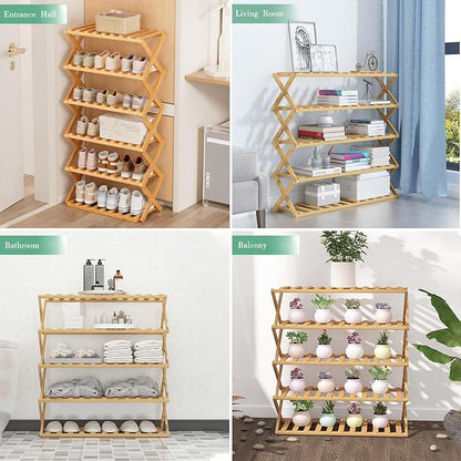 6 Tier Bamboo Shoe Rack,Portable Folding Shoe Storage Rack,Without Installation Small Shoe Rack Perfect for Corridors, Bedrooms and Small Spaces (6 Tier)