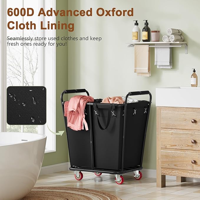 Hoctieon 2 Section Laundry Sorter Cart, 300L Rolling Hamper with Wheels, Industrial Laundry Basket Organizer, Large Dirty Clothes Hamper for Home & Hotel, Heavy Duty, Black
