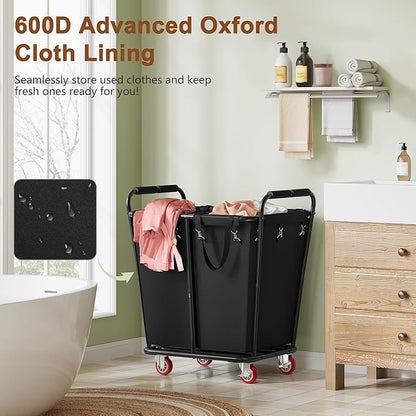 Hoctieon 2 Section Laundry Sorter Cart, 300L Rolling Hamper with Wheels, Industrial Laundry Basket Organizer, Large Dirty Clothes Hamper for Home & Hotel, Heavy Duty, Black