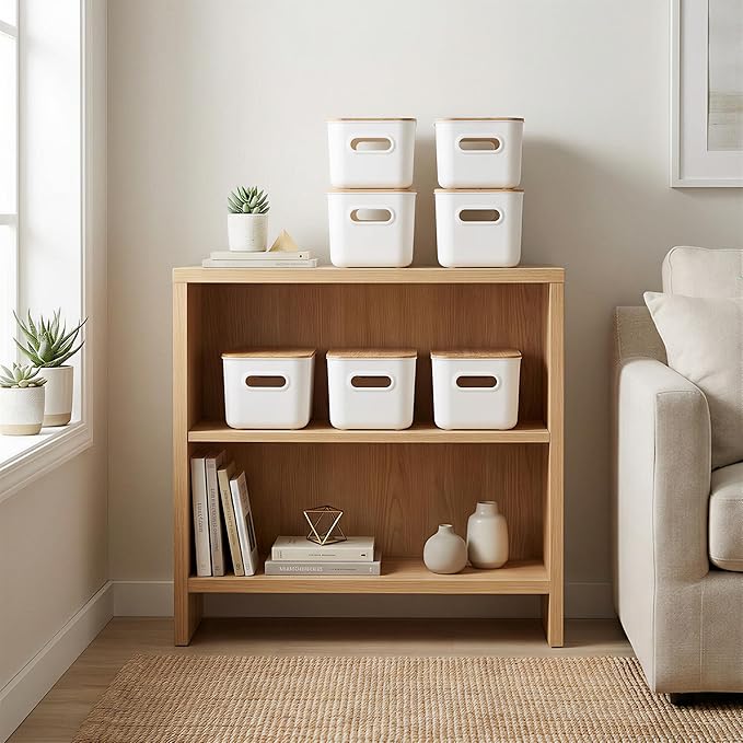 Citylife Storage Bins with Bamboo Lids 7QT Plastic Storage Containers Stackable Organizer Boxes with Handle for Desk Snacks, Toys, 4 PCS, 10" L x 7" W x 5.8" H