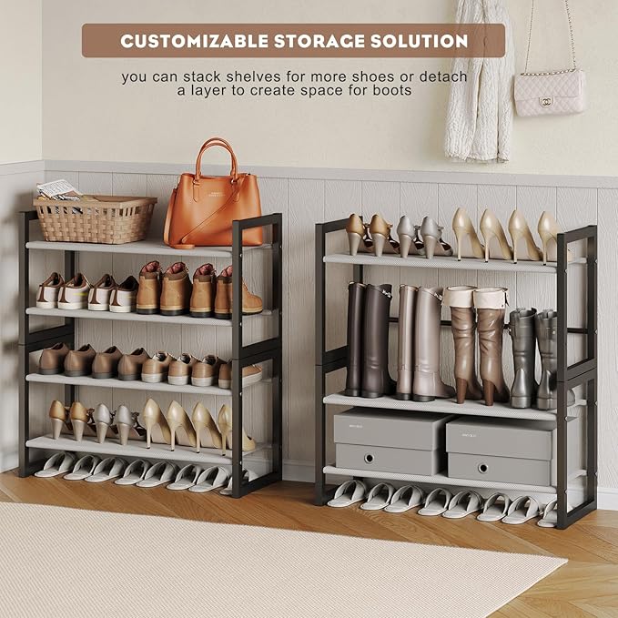 4-Tier Shoe Rack for Closet & Entryway, Stackable Shoe Organizer with Screw-Fastened Metal Frame, Less Wobble Design, Heel-Friendly Non-Woven Shelves, 11.8" Deep Space-Saving Shoe Storage Black