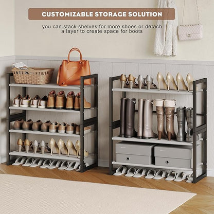 4-Tier Shoe Rack for Closet & Entryway, Stackable Shoe Organizer with Screw-Fastened Metal Frame, Less Wobble Design, Heel-Friendly Non-Woven Shelves, 11.8" Deep Space-Saving Shoe Storage Black