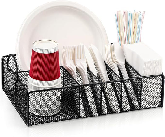 Utensil Caddy with Handle, Metal Paper Plate Holder for Kitchen Counter,Silverware Cutlery Caddy Organizer Flatware Storage for Plastic Spoon Fork Plates Napkins Cup Party Camping Black