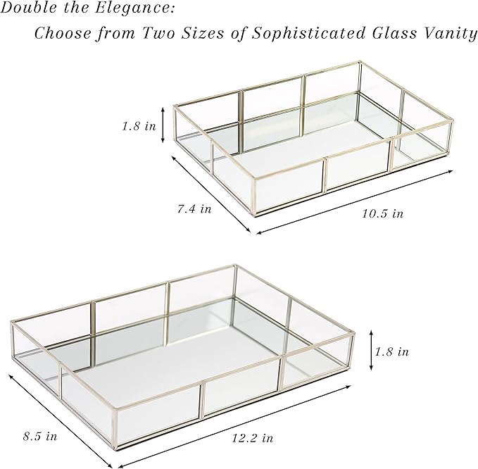 Perfume Vanity Tray With Metal Frame, Gold Bathroom Decorative Tray for Dresser, Jewelry or Home Decoration 2 Pcs (L+S)