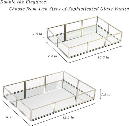 Perfume Vanity Tray With Metal Frame, Gold Bathroom Decorative Tray for Dresser, Jewelry or Home Decoration 2 Pcs (L+S)