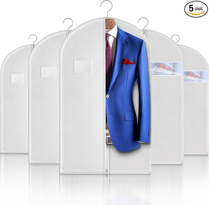 Hleelomi 5 Pack 40-inch Suit Bag Garment Bag for Travel and Storage, Garment Bags for Hanging Clothes with Zipper and Visible Transparent Window, White