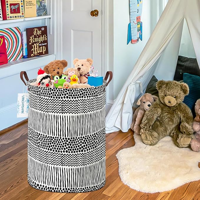 Laundry Basket Canvas Fabric Collapsible Organizer Basket for Storage Bin Toy Bins Gift Baskets Bedroom Clothes Children Nursery Hamper (Black line)