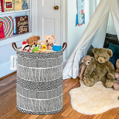 Laundry Basket Canvas Fabric Collapsible Organizer Basket for Storage Bin Toy Bins Gift Baskets Bedroom Clothes Children Nursery Hamper (Black line)