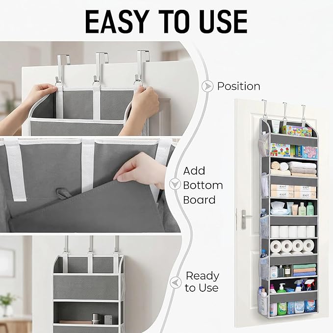 Over the Door Organizer with Toiletry Bag - 5 Self Hanging Organizer with 5 Large Pockets - Heavy Duty Behind the Door Storage for Bedroom, Bathroom, Pantry, Nursery (Grey)
