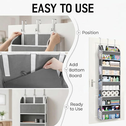 Over the Door Organizer with Toiletry Bag - 5 Self Hanging Organizer with 5 Large Pockets - Heavy Duty Behind the Door Storage for Bedroom, Bathroom, Pantry, Nursery (Grey)