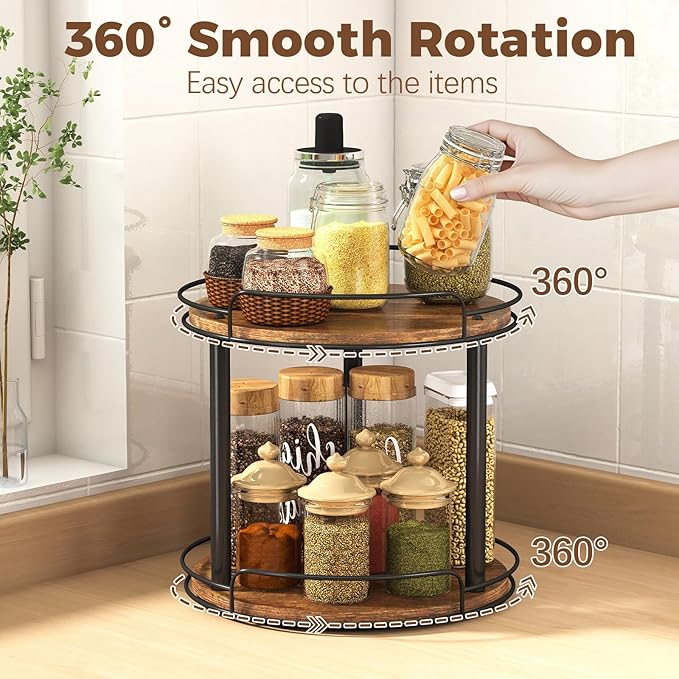 LAMU 10'' Wood Lazy Susan Turntable Organizer for Cabinet, 2 Tier Lazy Susan Spice Rack Organizer for Kitchen, Table Top, Countertop, Pantry, Medicine Organizer