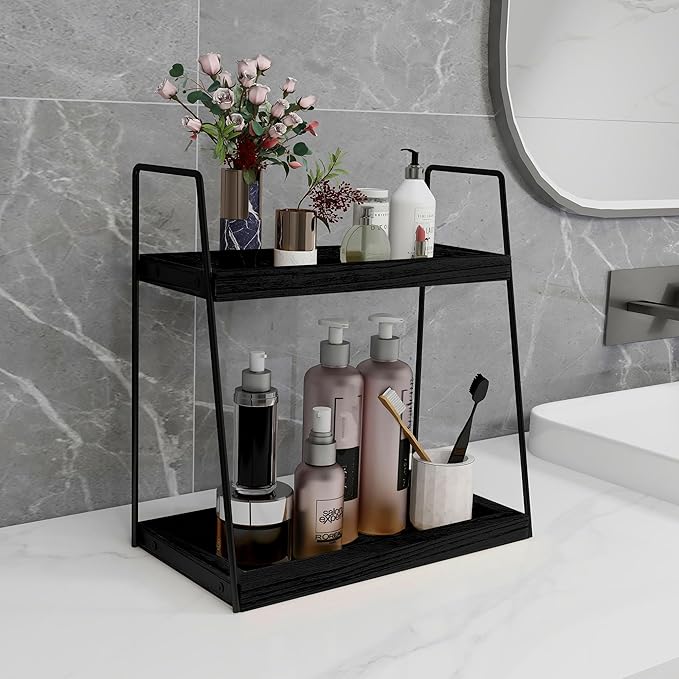 Dorhors 2 Tier Bathroom Counter Organizer Storage,Vanity Organizer for Bathroom Counter,Wood Standing Rack for Kitchen(Black)