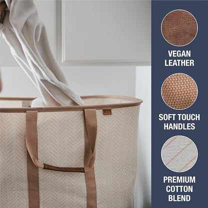 CleverMade Collapsible Laundry Tote 2-Pack (50L) – Foldable Carry-All Storage Bin for Laundry, Car Trunk, RV, Dorm & Home Organization – LUXE Cotton Blend with Vegan Leather Accents, Cream