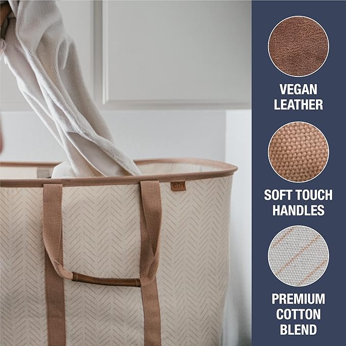 CleverMade Collapsible Laundry Tote 2-Pack (50L) – Foldable Carry-All Storage Bin for Laundry, Car Trunk, RV, Dorm & Home Organization – LUXE Cotton Blend with Vegan Leather Accents, Mocha