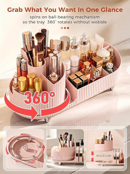 Booklov Rotating Makeup Caddy Organizer for Vanity, Large Capacity Cosmetic Display Case, Countertop Beauty Storage Holder for Skincare, Brush Eyeshadow Lipstick, Counter Desk Organization, Pink