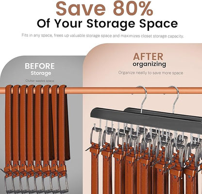 ASTIMESA Solid Wood Belt Hanger, 14 Hooks Belt Organizer Space Saver for Closet, 360° Rotating Belt Holder Tie Rack for Men Women Dorm Bra Purse Scarf Tank Top Storage Accessories (Black)