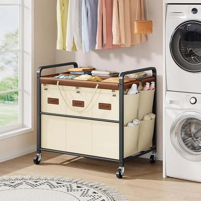 Tajsoon 350L Extra Large Laundry Hamper 6 Section, Heavy Duty Laundry Cart with Wheels, Commercial Laundry Sorter with Sturdy Metal Frame, Removable Bags & Leather Patchwork, Beige