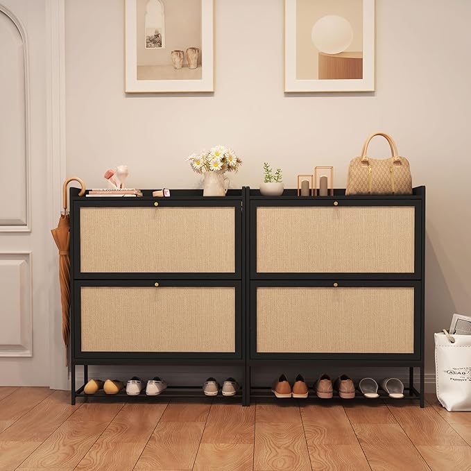 AVZEAR Narrow Shoe Storage Cabinet for Entryway with 2 Flip Drawers, Freestanding Shoe Cabinet with Natural Linen Panel, Slim Wood Shoe Organizer Closed Shoe Rack for Hallway, Foyer(Black)