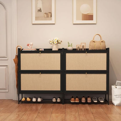 AVZEAR Narrow Shoe Storage Cabinet for Entryway with 2 Flip Drawers, Freestanding Shoe Cabinet with Natural Linen Panel, Slim Wood Shoe Organizer Closed Shoe Rack for Hallway, Foyer(Black)
