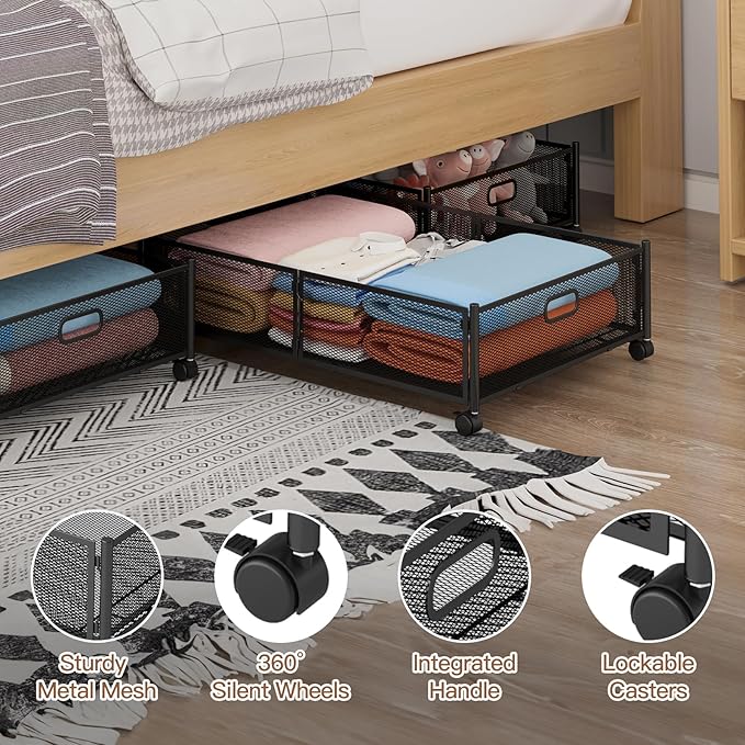 Gawerk Under Bed Storage with Wheels, Foldable Metal Mesh Underbed Storage Container Bins, Tool-free Assembly Clothes Drawer Organizer,2Pack