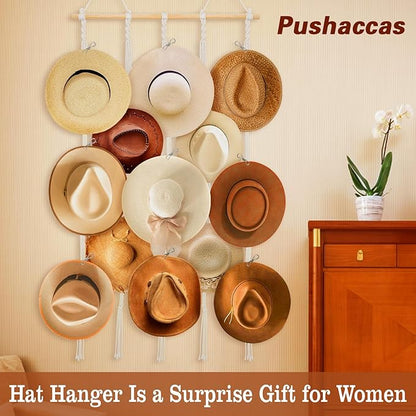 Macrame Hat Hangers for Wall - Boho Hats Rack Cowgirl Hat Holder on Wall, Bring 15 Clips Western Bedroom Decor Hat Display Country Room Decor Gift for Mother Women, 100% Natural Cotton, 31x63inch