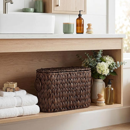StorageWorks Bathroom Toilet Paper Storage Holder with Lid, Wicker Toilet Paper Basket for 6 Regular Rolls, Slim Basket Organizer with Handles, Water Hyacinth Storage Baskets for Bathroom, Brown