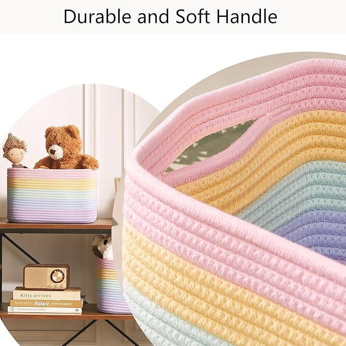 Rainbow Rope Basket for Storage 4 Pack Cotton Rectangular Baskets for Shelves Woven Toy Storage Bins for Nursery Kids in Classroom 12.7"Lx9"Wx7.9"H Pastel Rainbow